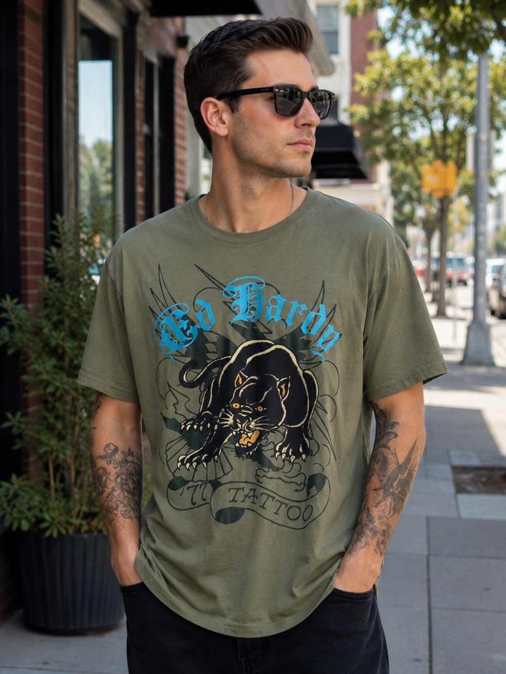 Ed Hardy Panther Tattoo Graphic T-Shirt Men’s XXL Olive Green Short Sleeve NWOT